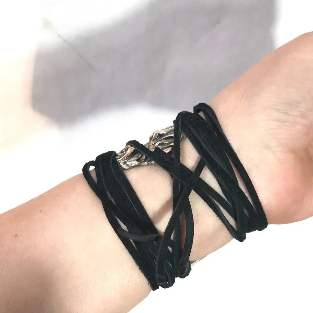 Antique Sterling Silver 925 Cuff Tie Wrap Bracelet Victorian Cherub Putti Biker - Picture 9 of 13